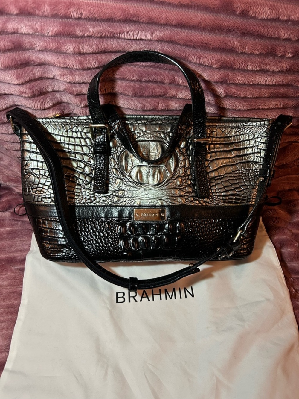 Brahmin Black Croc-Embossed Tote with Removable Shoulder Strap